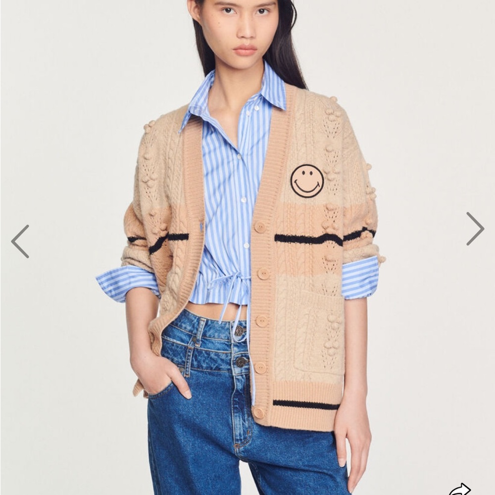 Oversized Sandro Knit Cardigan with Smile Patch Size 4
